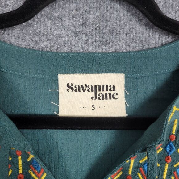Savanna Jane Top Women's Size S Green Bohemian Embroidered Colorful Tassel 17868 - Picture 8 of 12